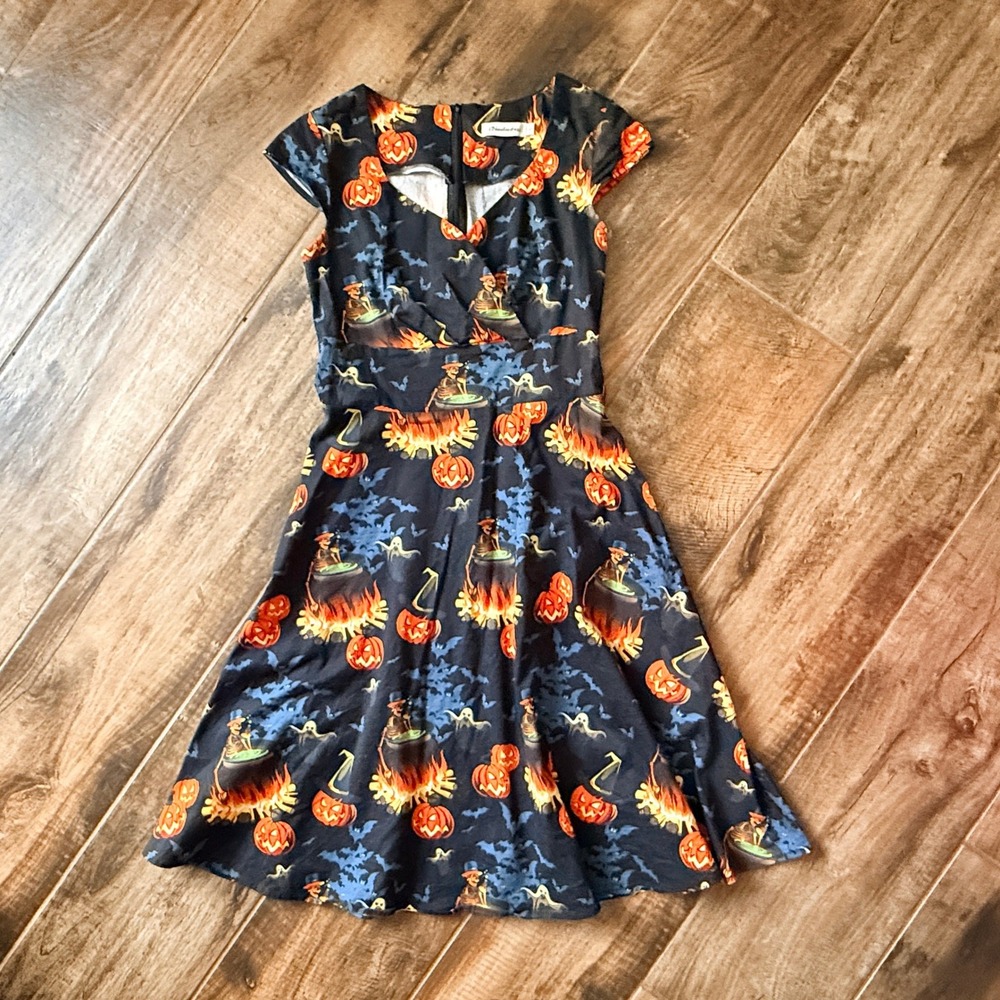 Bbonlinedress Retro Women's Halloween Night Print Swing Dress, Black Orange, S
